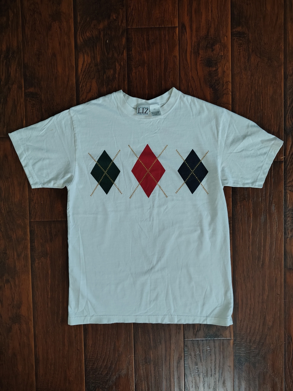 Vintage 90s Liz Claiborne multicolored argyle white T-shirt Size S-M